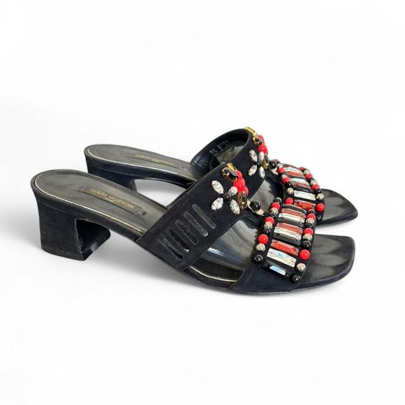 Authentic LOUIS VUITTON‎ Black Suede Beaded Slides Mules Heels sz. 7/37 - Picture 3 of 8
